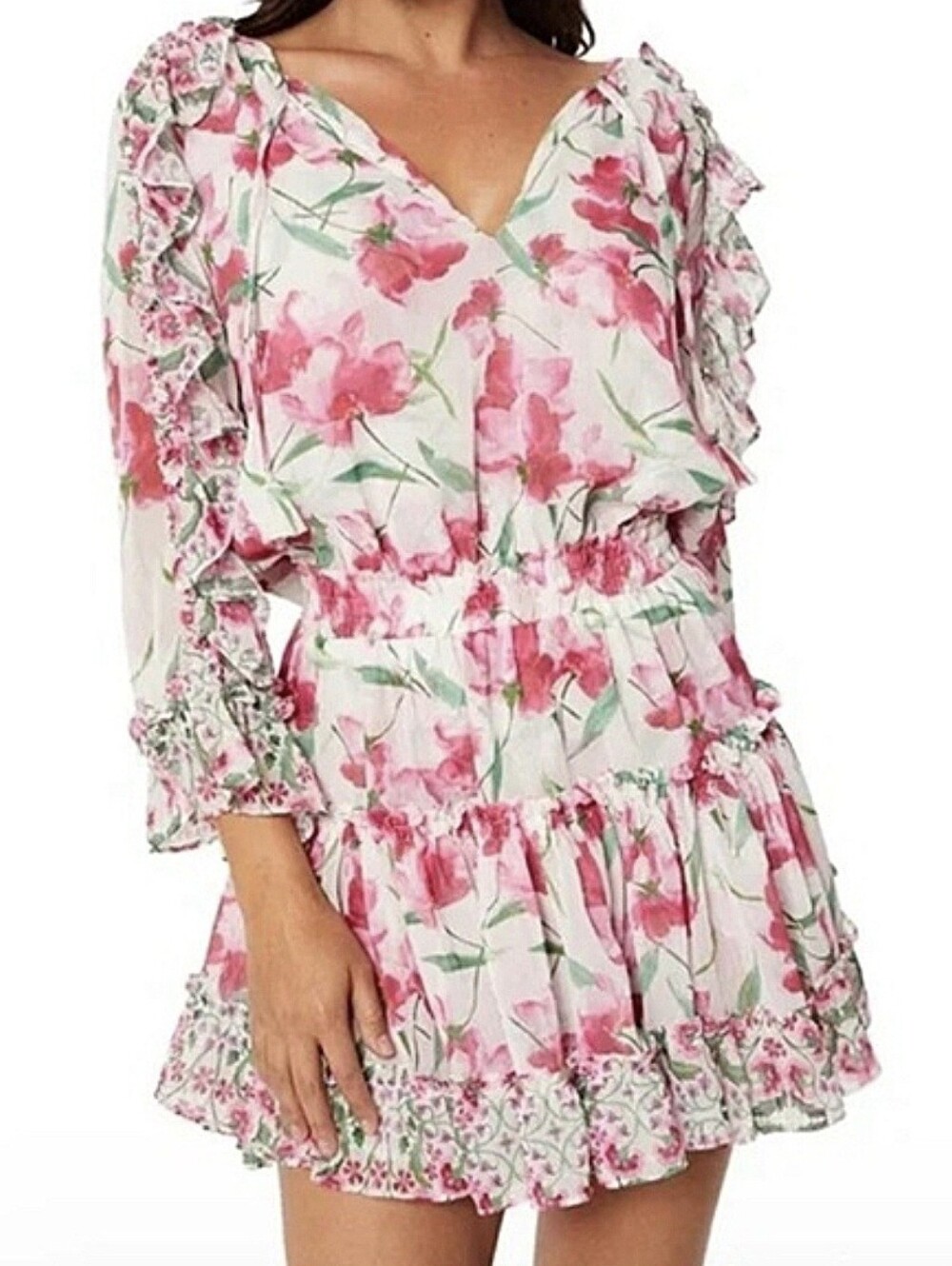 Misa Los Angeles Eliza Floral Tiered Chiffon Mini Dress Size M Ruffle Romantic